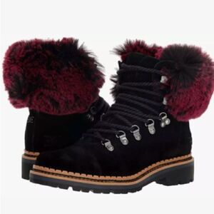 Sam Edelman Women's Bowen Black Suede Raspberry Wine Faux Fur Boots Size 6